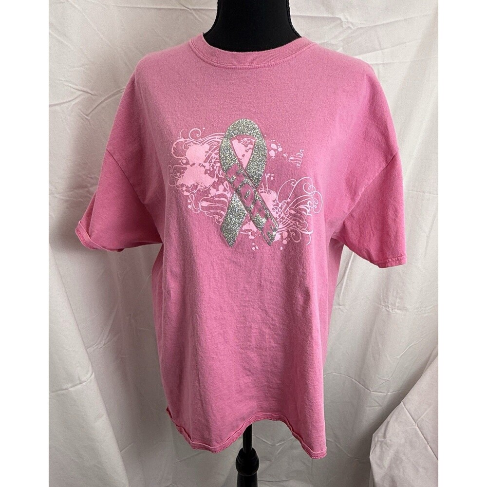 Pink Breast Cancer Awareness T-Shirt Gildan Heavy Cotton Silver Glitter Ribbon X
